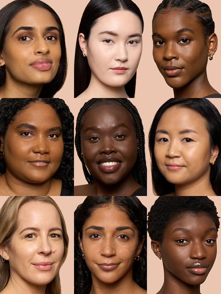 grid of head shots of models in a variety of skintones 