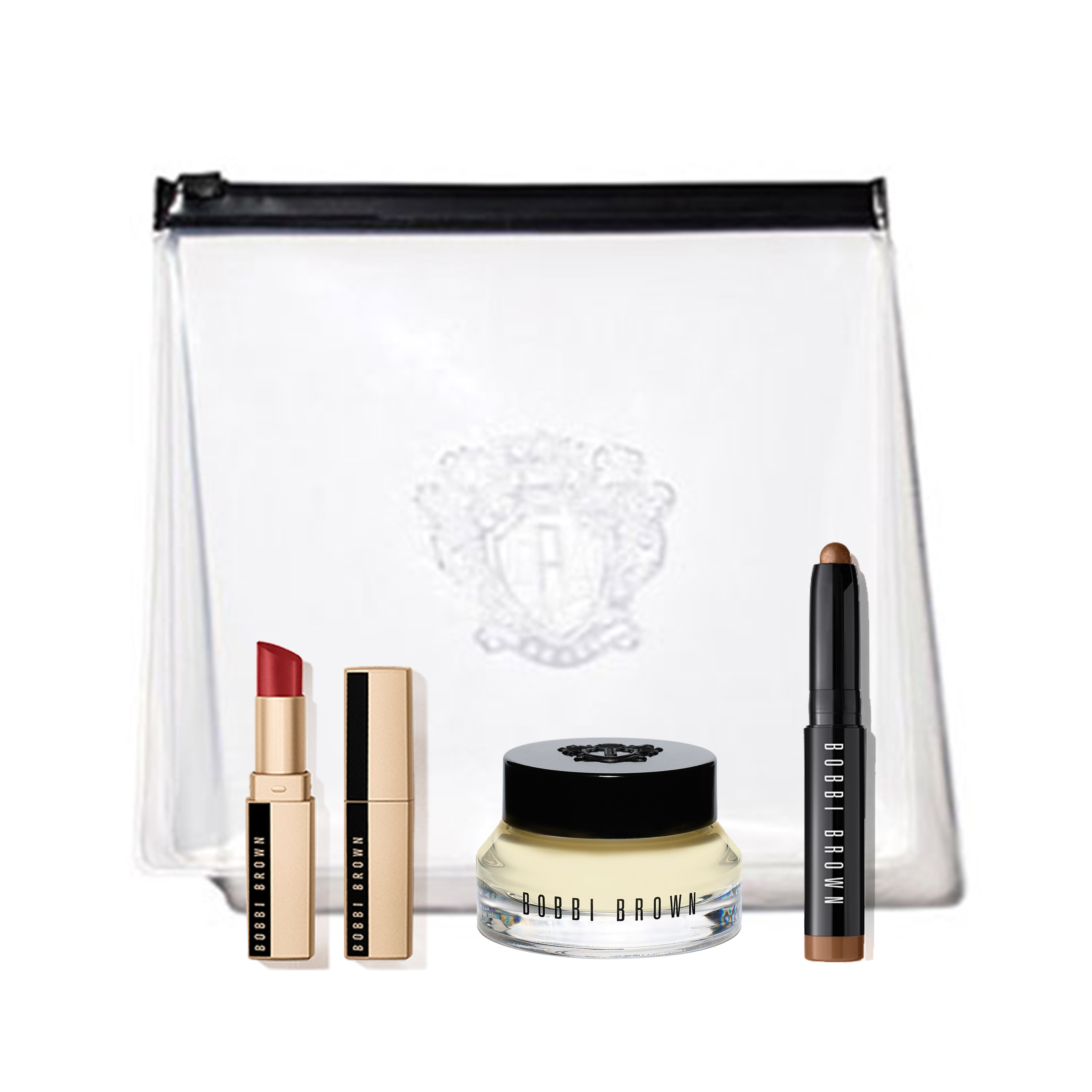 group shot of bobbi brown luxe lipstick and lip pencil