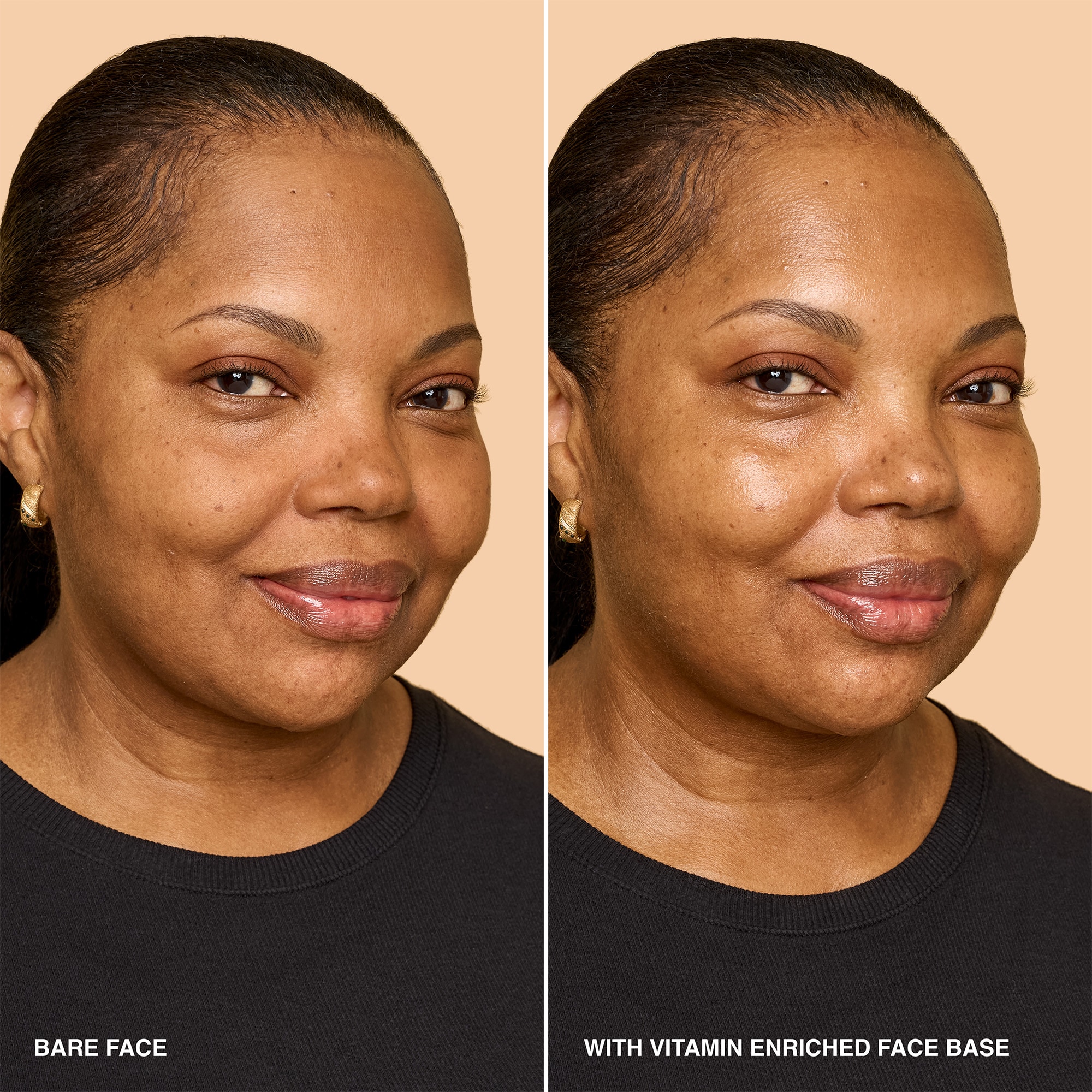 before and after of model with bare face vs bare face with bobbi brown vitamin enriched face base